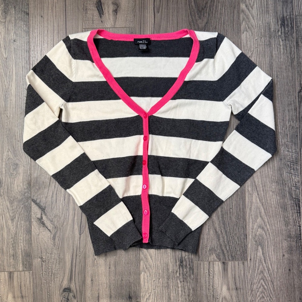 Rue 21 Striped Cardigan Sweater Pink Trim Buttons Long Sleeve Women's Medium